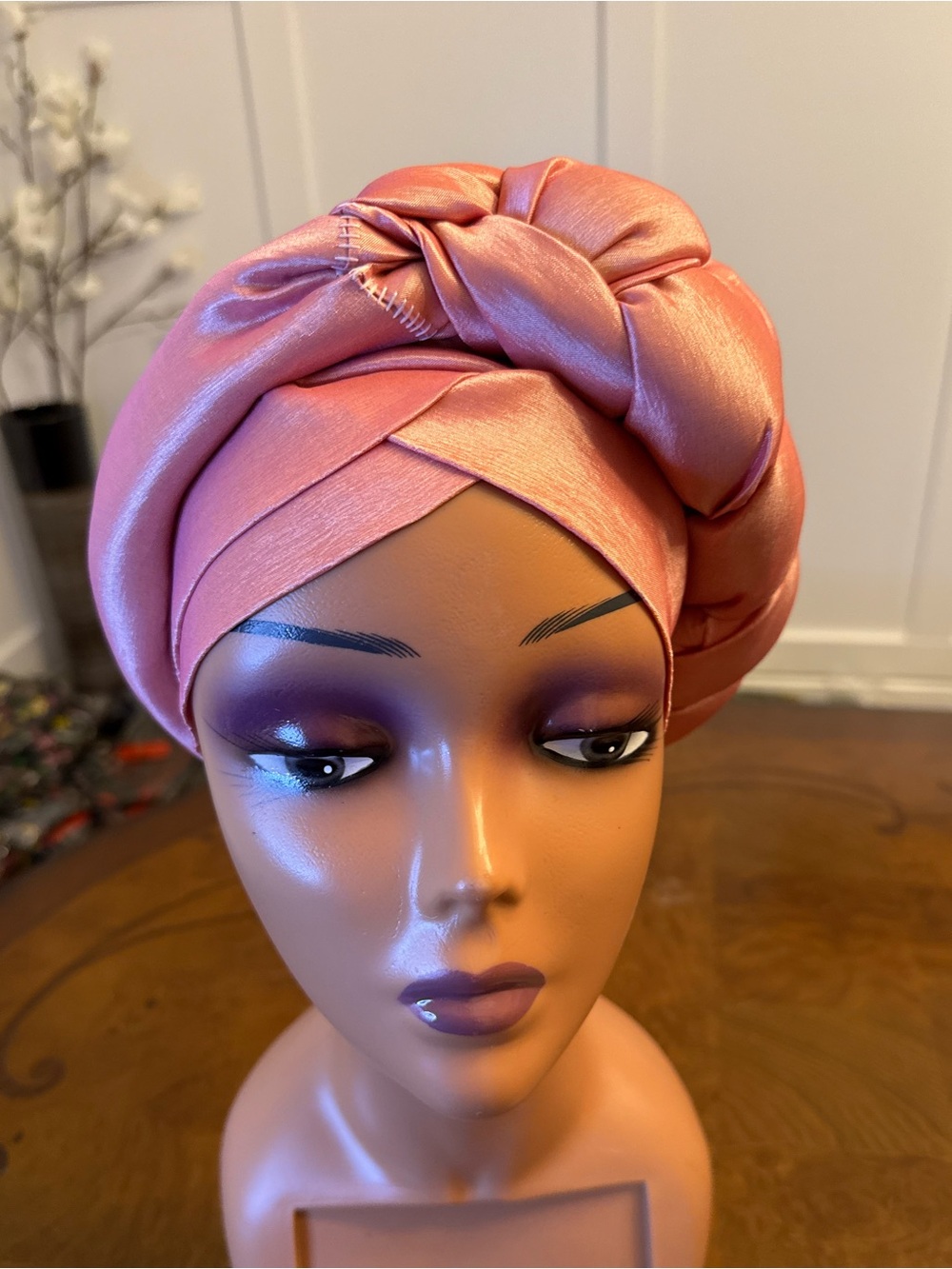 Satin Twist Turban Hat in Rose
